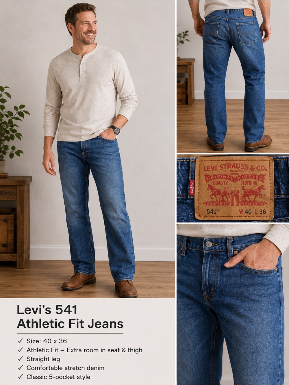Levi’s 541 Athletic Fit Jeans Men’s 40x36 Medium Wash Stretch Denim